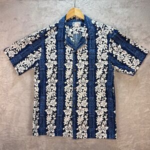 Hawaii Floral Hawaiian Shirt Mens‎ Aloha Camp Short Sleeve Blue White Sz Large